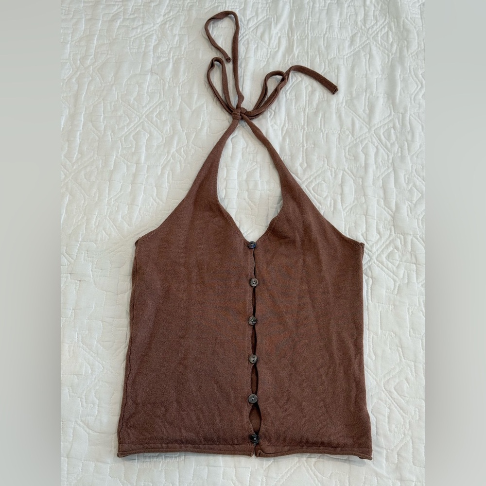 Mahina Brown Halter Front Button Up Tank Top